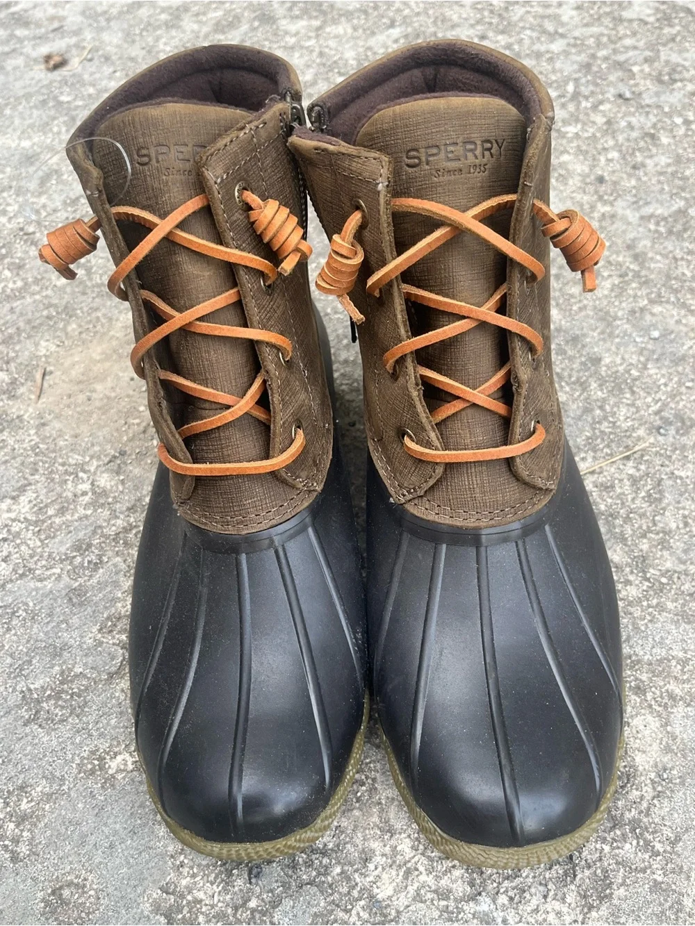 Sperry Brown Canvas + Black Rubber Duck Boots women’s size 9